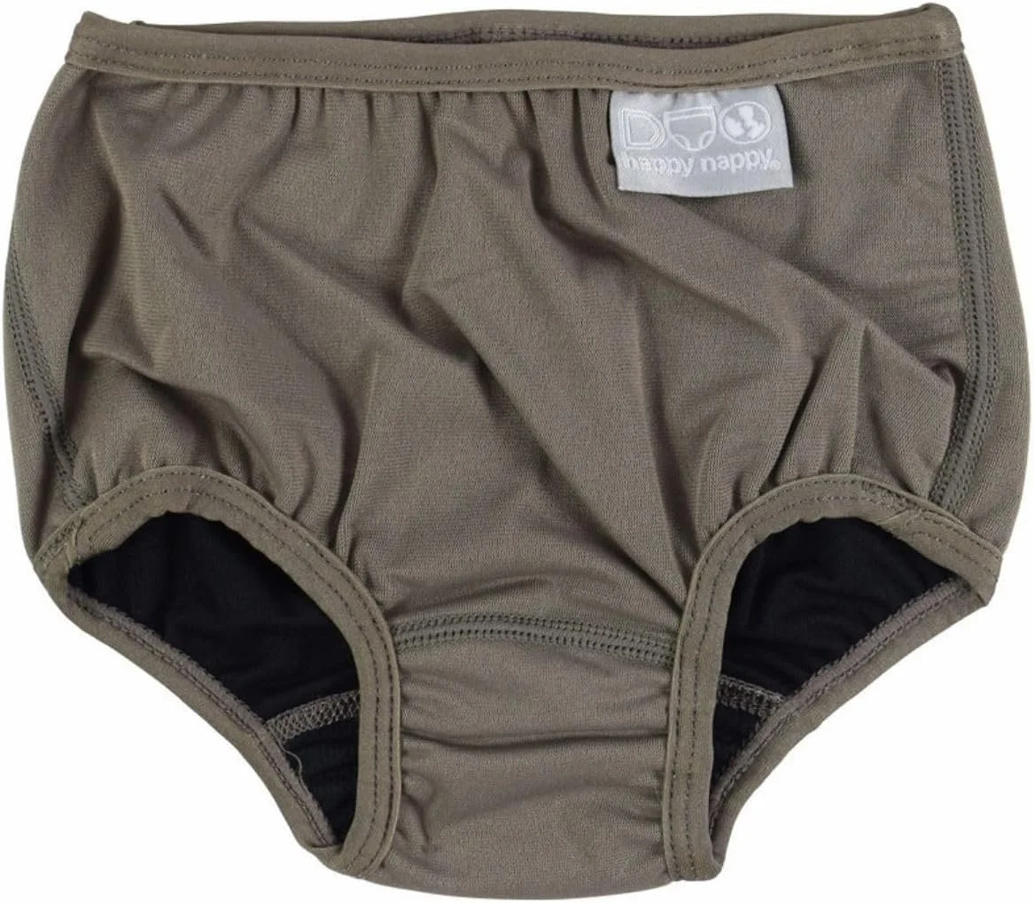 A pair of beige toddler training pants with black underwear lining, labeled "happy nappy."