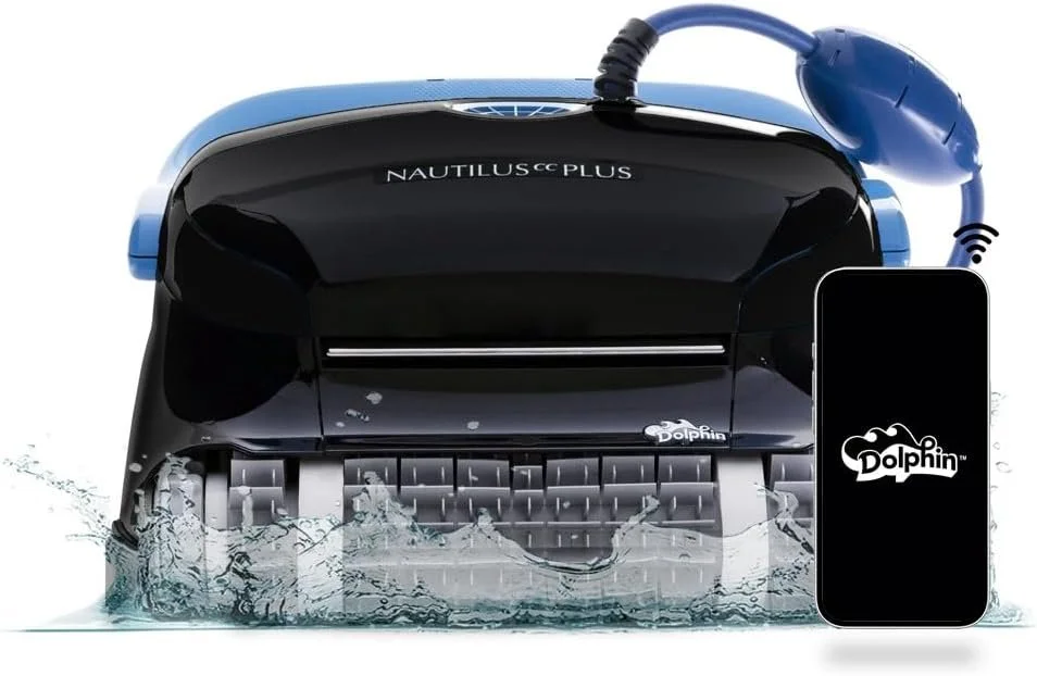 An underwater robot or device with a black body labeled 'NAUTILUS PLUS,' connected to a mobile phone displaying the Dolphin brand logo, and surrounded by water splash.