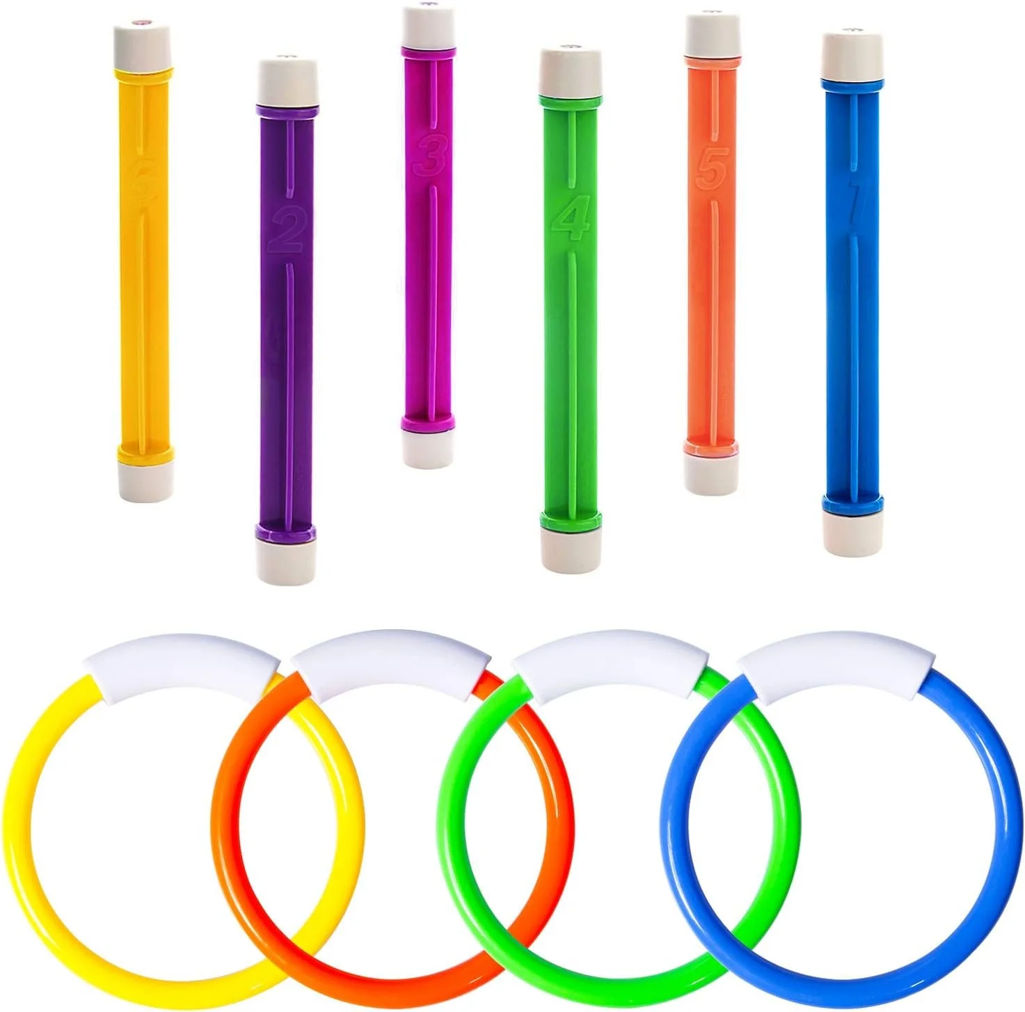 Colorful plastic tubes with numbers 1 to 6, arranged vertically above multicolored plastic rings with white segments. The tubes are yellow, purple, pink, green, orange, and blue.