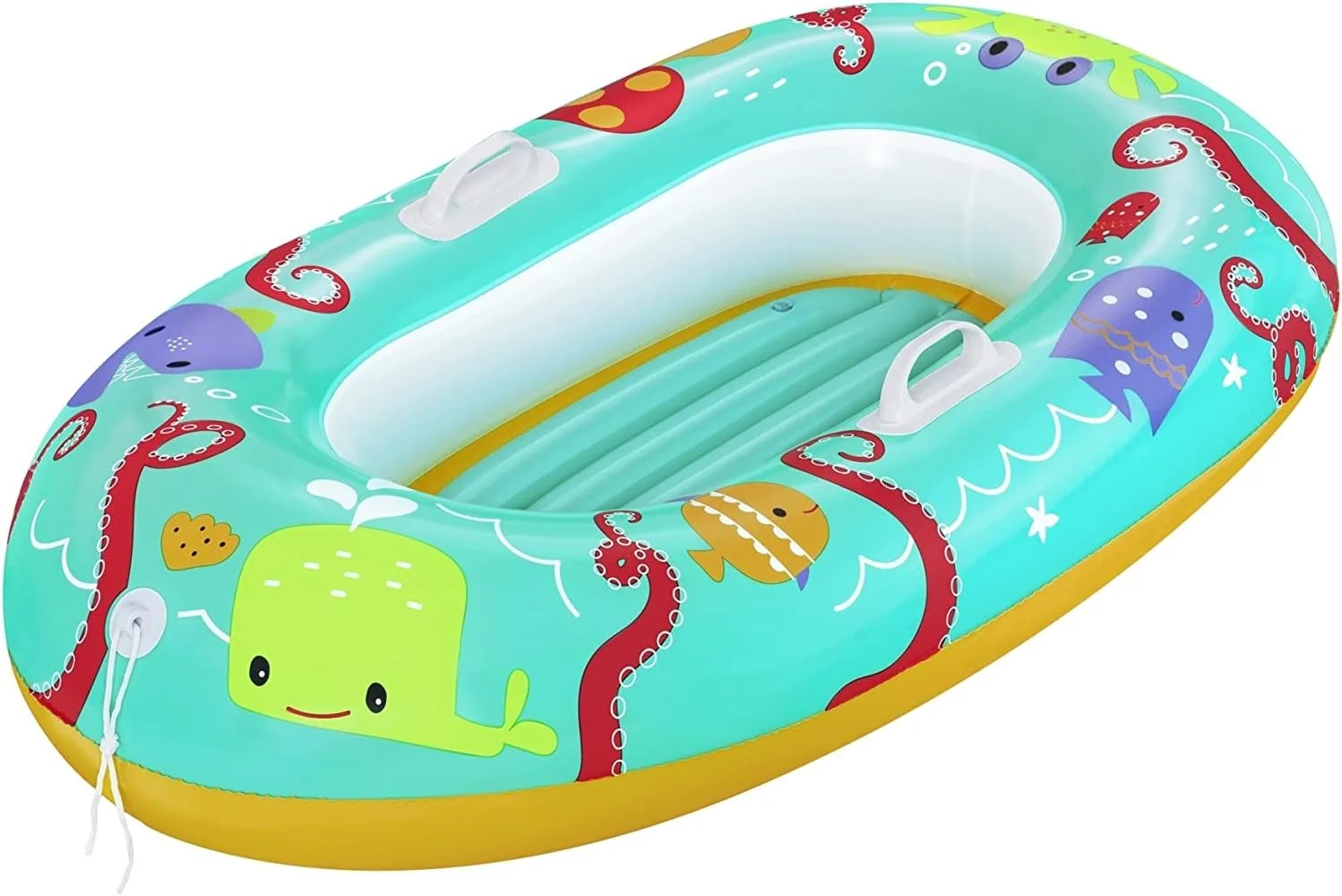 Inflatable children's pool with sea creature illustrations including whales, octopuses, fish, and underwater plants, featuring bright colors and a playful design.