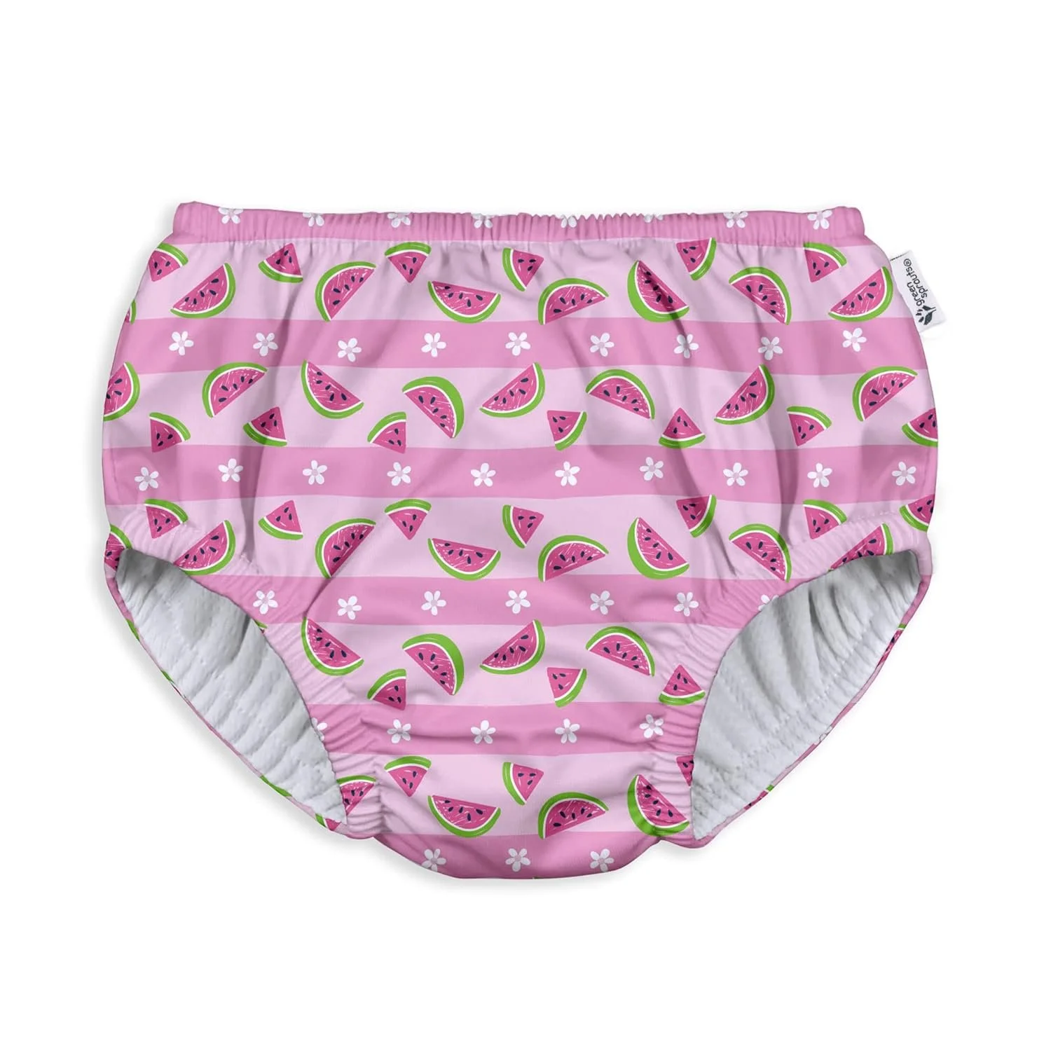 Pink striped underwear with watermelon slice and flower patterns.