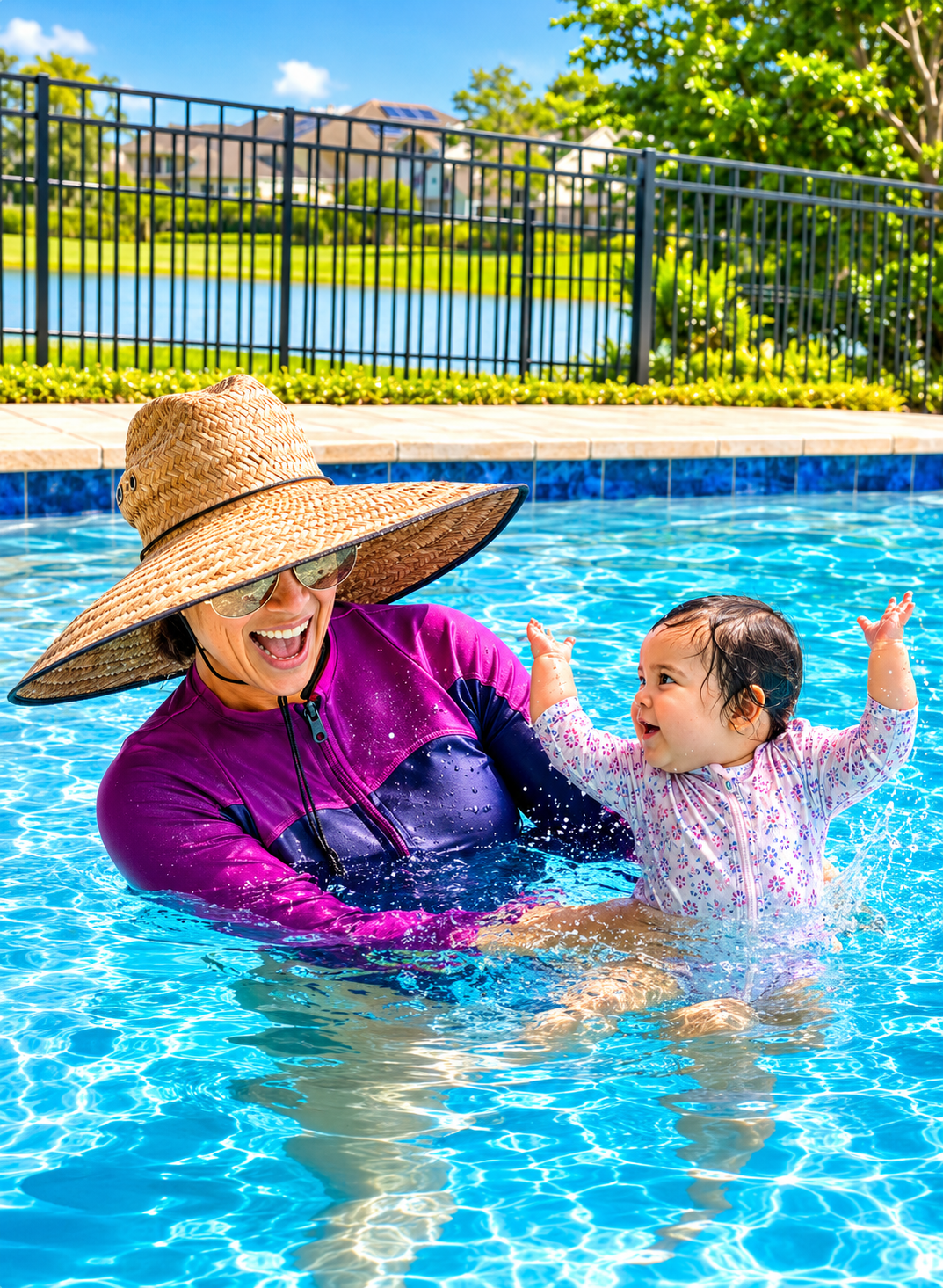 An adult woman wearing a large straw sunhat, sunglasses, and a purple swimsuit, enjoying time in an outdoor swimming pool with a happy toddler girl in a pink floral swimsuit, splashing and smiling.