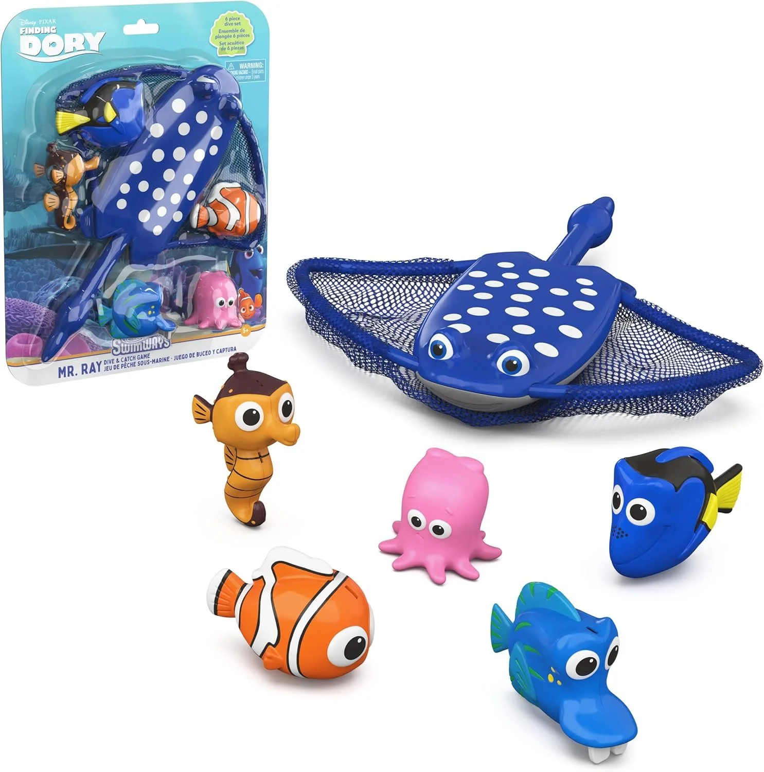 Toy set of underwater animals with a blue polka-dot fish-shaped net and container, including fish, octopus, clownfish, and seahorse figurines.
