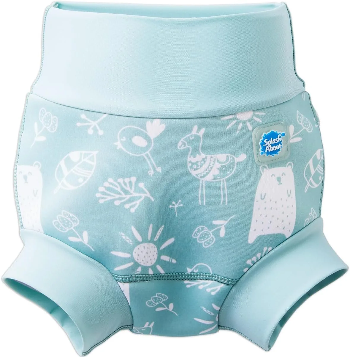 Light blue waterproof diaper cover with white woodland animal and nature print, including bears, owls, deer, and leaves, featuring a Splash About logo.