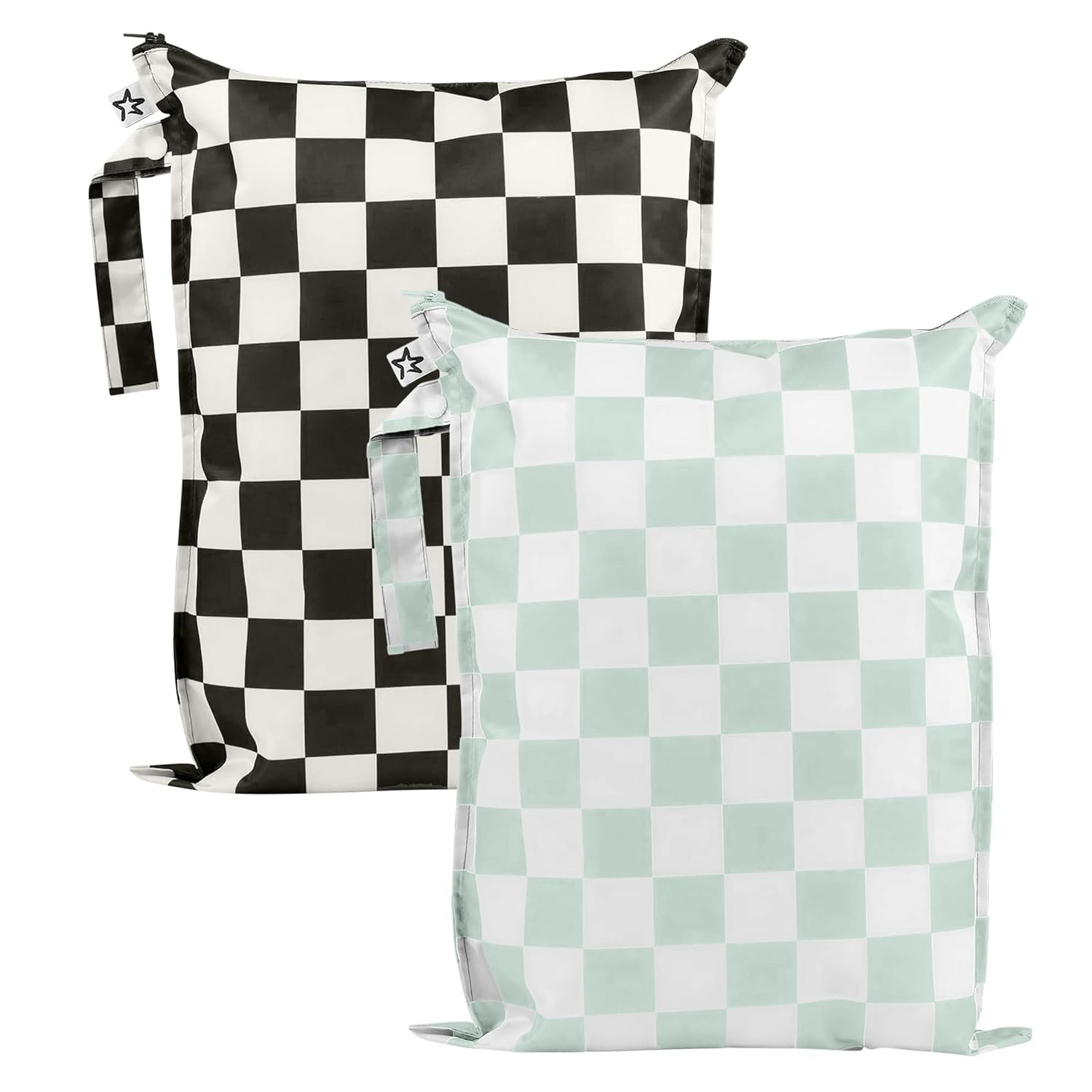 Two checkered bags, one black and white and the other light green and white, with straps and star logos.