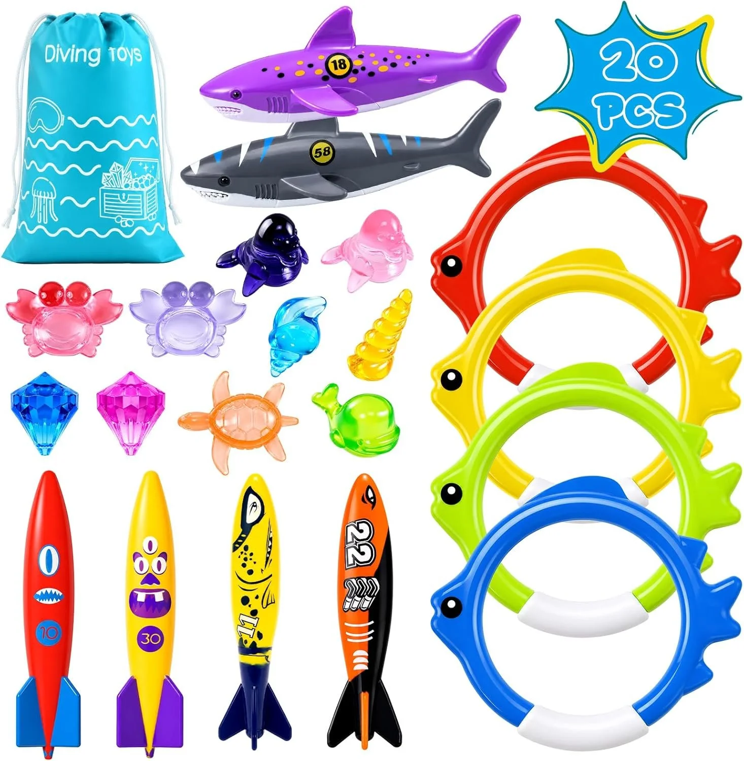 Set of colorful sea-themed toys including inflatable rings, sharks, dolphins, starfish, shells, and surfboards with numbers and designs, along with a bag labeled 'Diving Toys' and a starburst graphic indicating '20 pcs'.