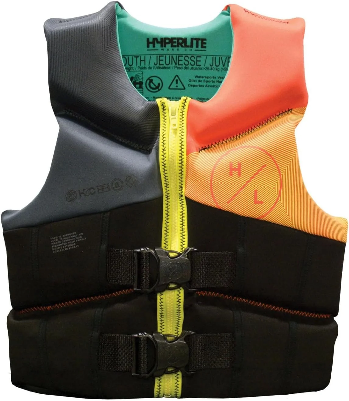 Colorful life jacket with black, gray, orange, and yellow sections, featuring a front zipper and adjustable straps.
