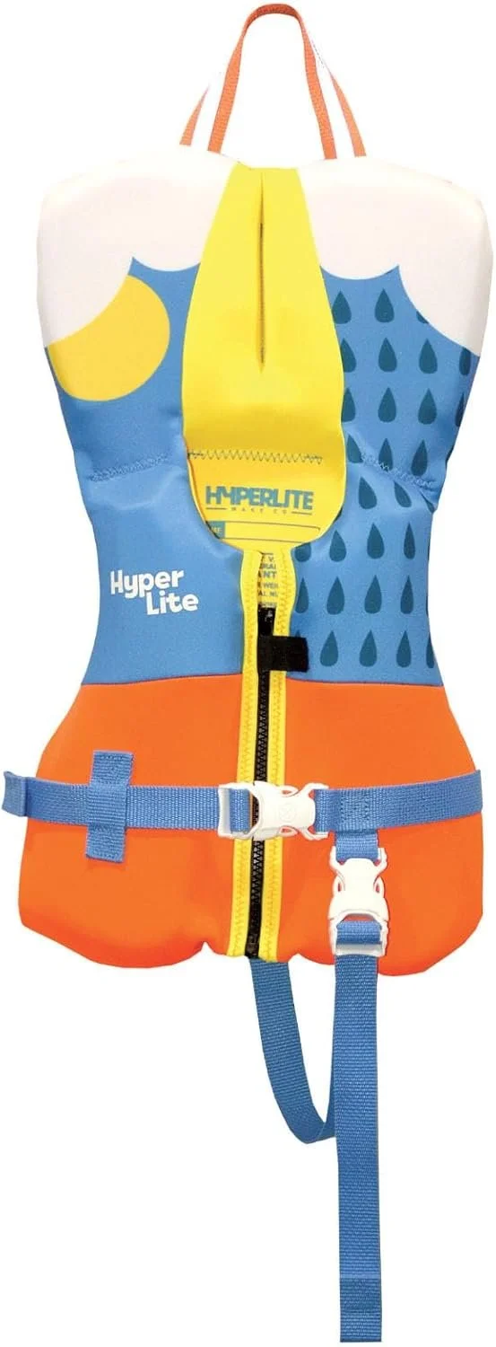 Colorful children's life jacket with cartoon-style design featuring a moon and raindrops, orange and blue sections, and a front zipper.