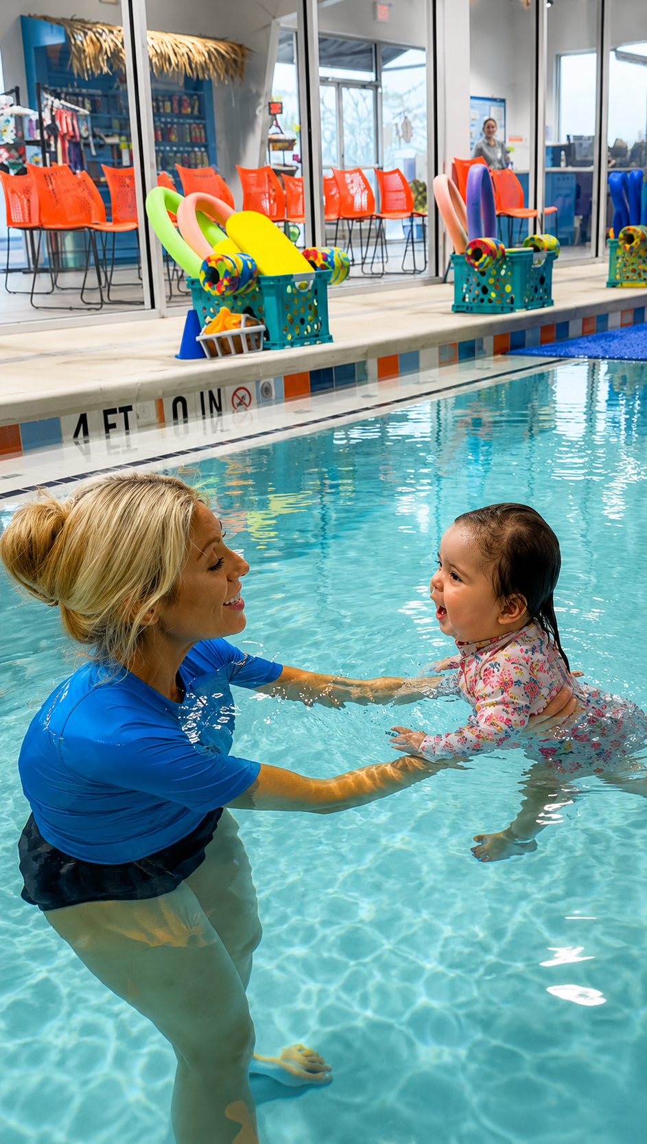 A woman and a young girl enjoying time together in an indoor swimming pool, with the woman holding the girl in the water. In the background are colorful pool floats, chairs, and a glass wall with a view outside.