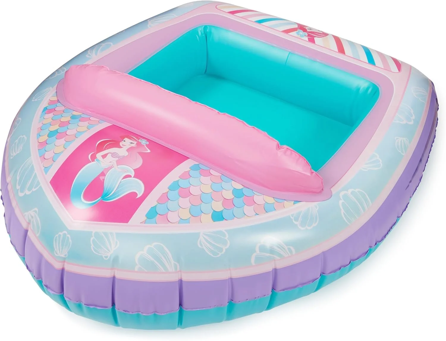 Inflatable kiddie pool decorated with a mermaid theme featuring pastel colors, a mermaid illustration, and seashell patterns.