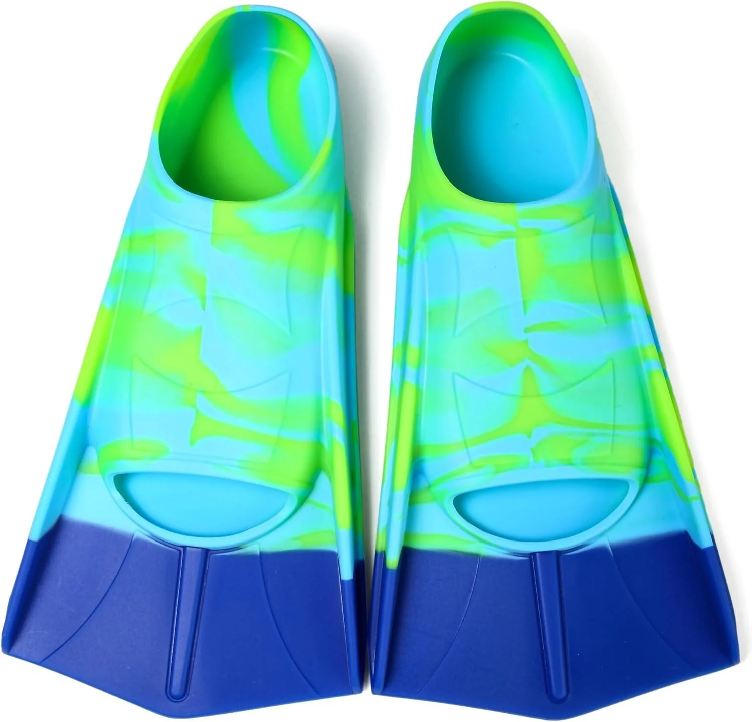 A pair of blue and green water slides with colorful patterns, positioned side by side, viewed from above.