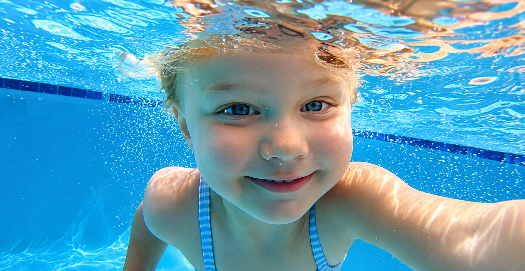 Close-up of a smiling young girl with blue eyes taking a selfie underwater in a swimming pool, wearing a blue and white striped swimsuit.