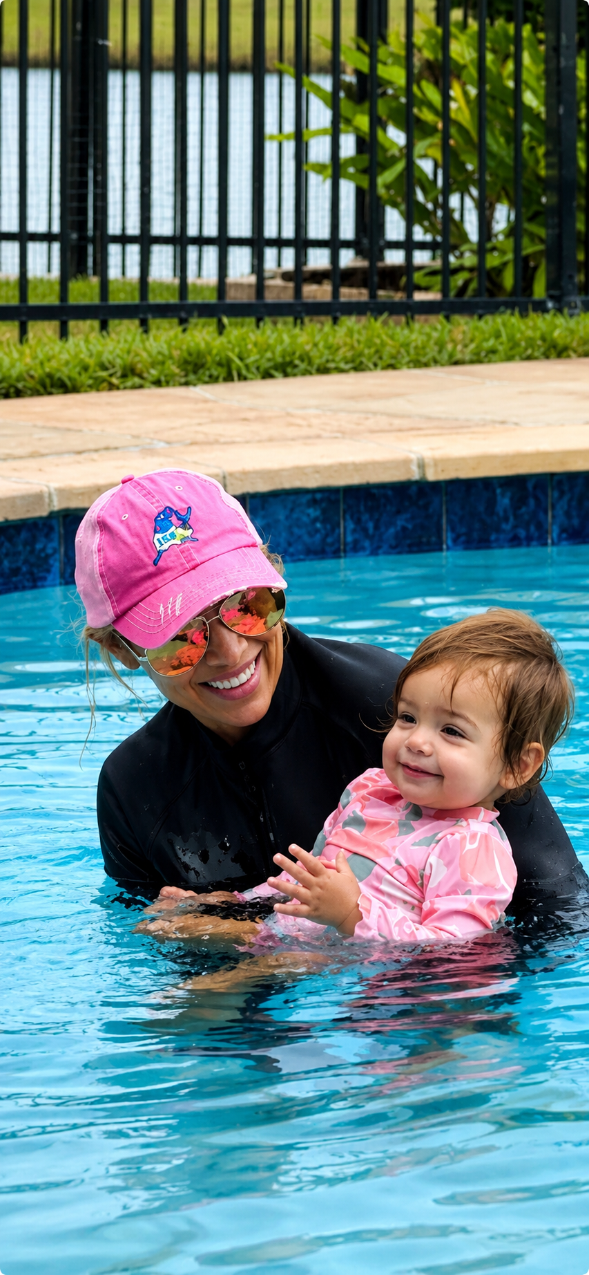 A woman in a black wetsuit and pink cap with sunglasses is holding a smiling young girl in a pink patterned swimsuit in a swimming pool. They are near the pool's edge, with a black fence and greenery in the background.