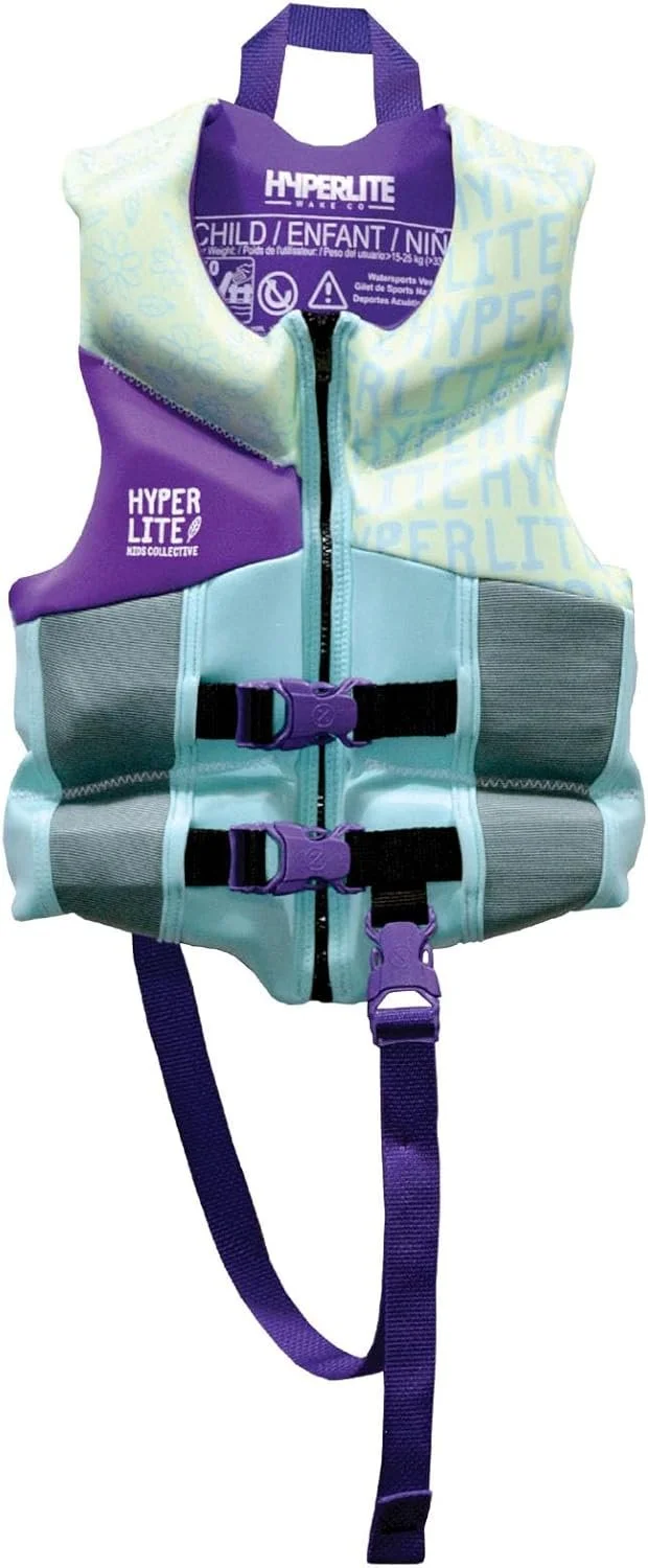 A life jacket from Hyperlite Kids Collective in purple and light blue colors.