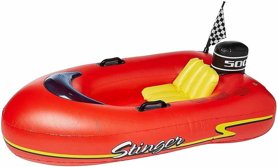 Red inflatable boat with a yellow seat, a checkered flag, and a black outboard motor, with the word 'Stinger' on the side.