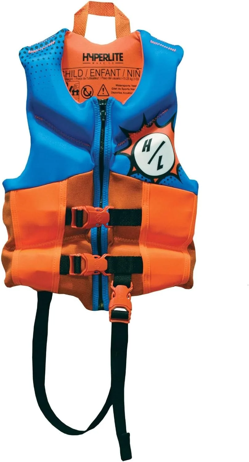 Orange and blue life jacket with adjustable straps and a zipper