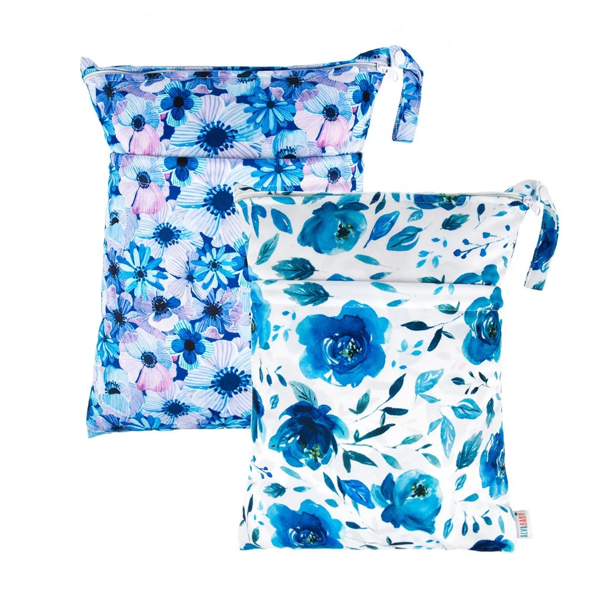 Two fabric bags with floral patterns, one with purple and blue flowers on a light background, and the other with blue flowers on a white background.