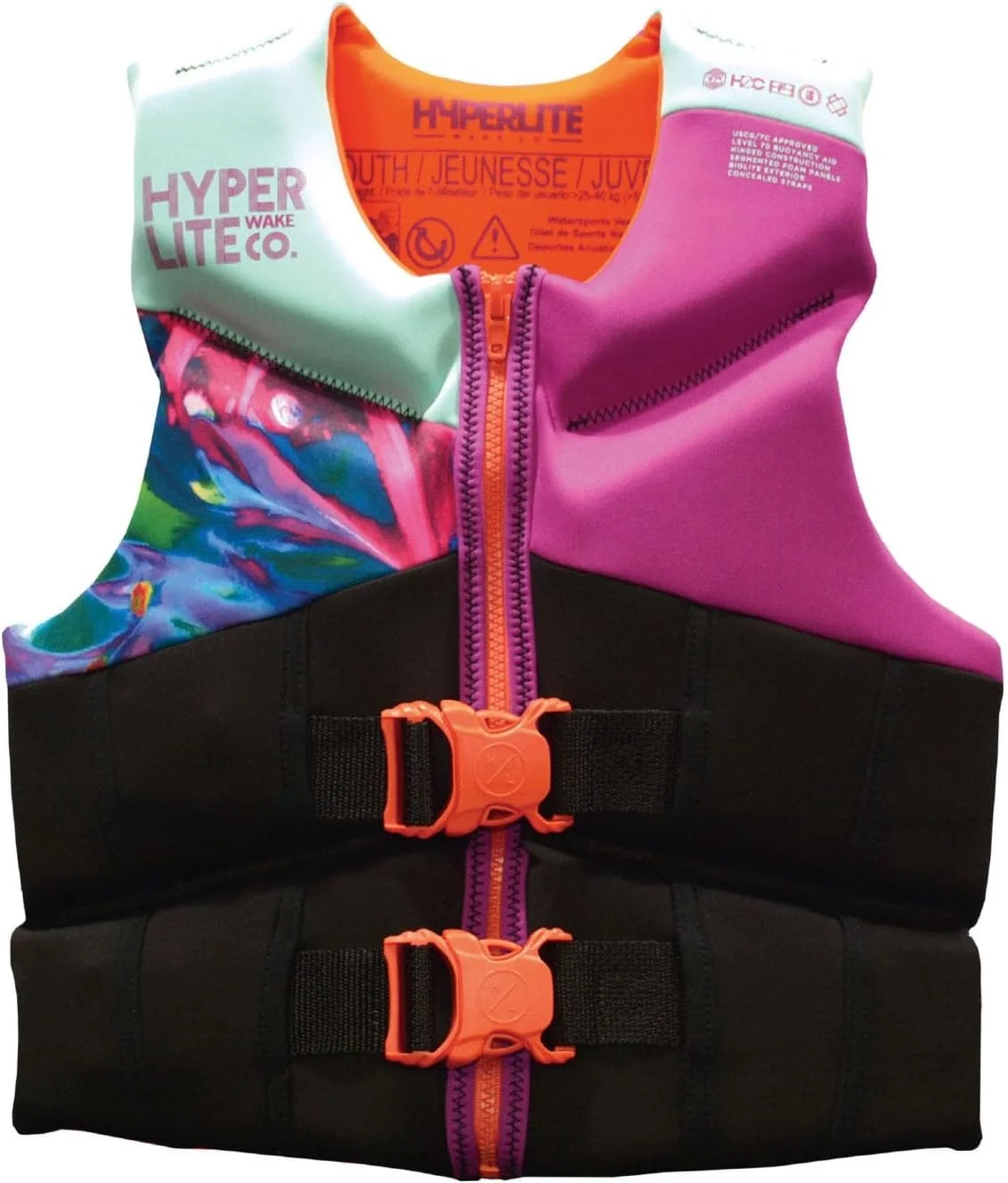 Colorful life jacket with vibrant sections in pink, green, and multicolored patterns, featuring a purple zipper and orange buckles.