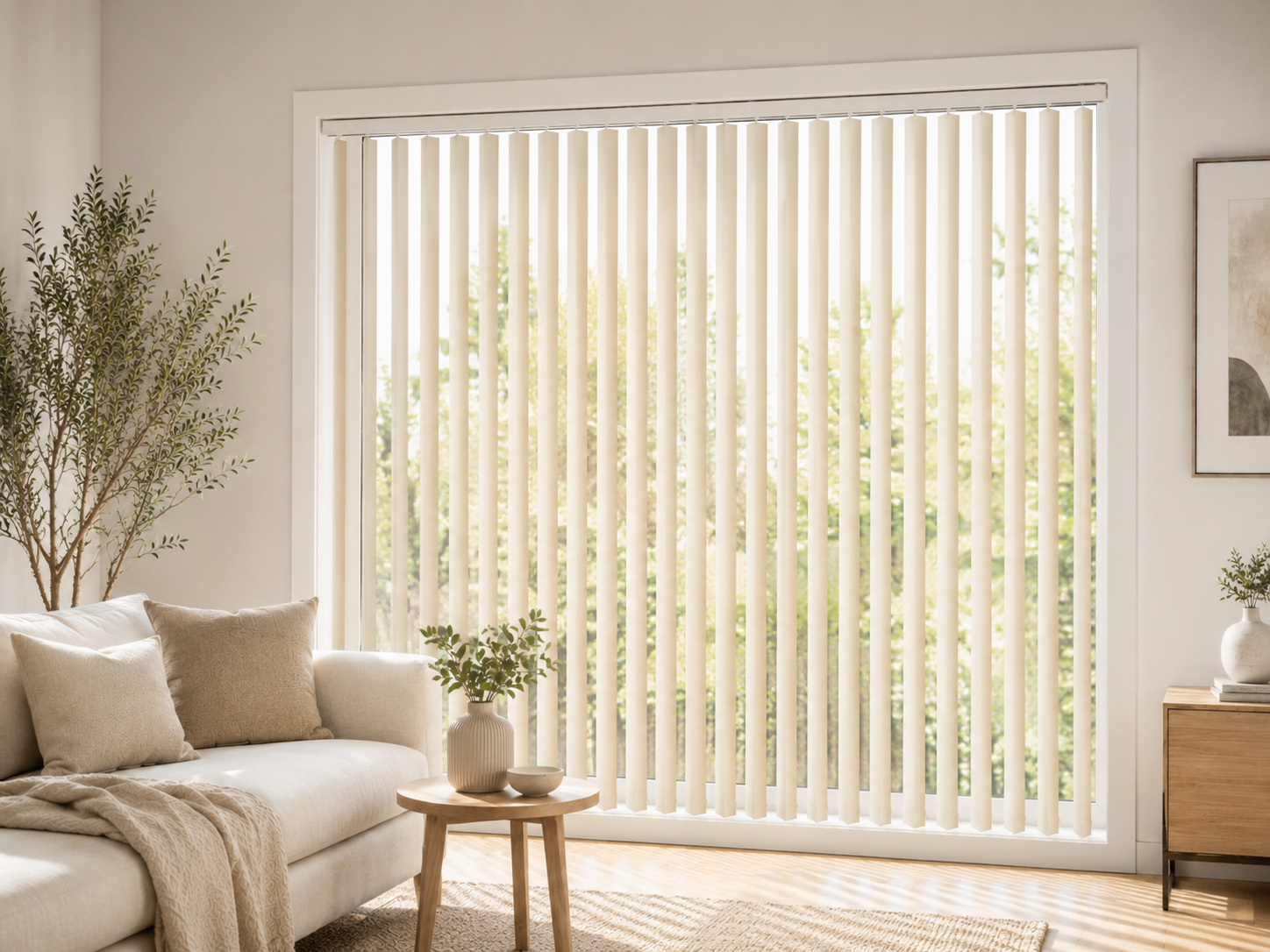 Bright living room with beige sofa, throw pillows, and a round wooden coffee table holding a potted plant and bowl, large window with vertical blinds letting in sunlight, and minimalist decor.