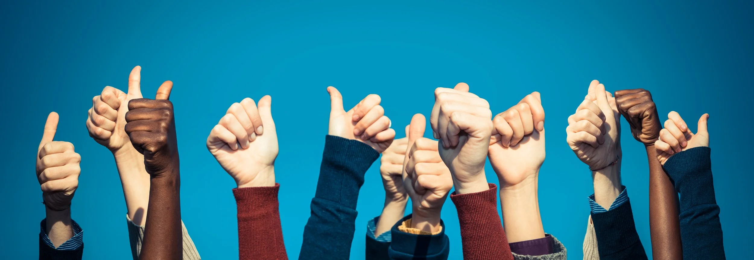 Multiple hands of diverse skin tones raised in the air against a blue sky, some giving thumbs up and others making fist gestures.