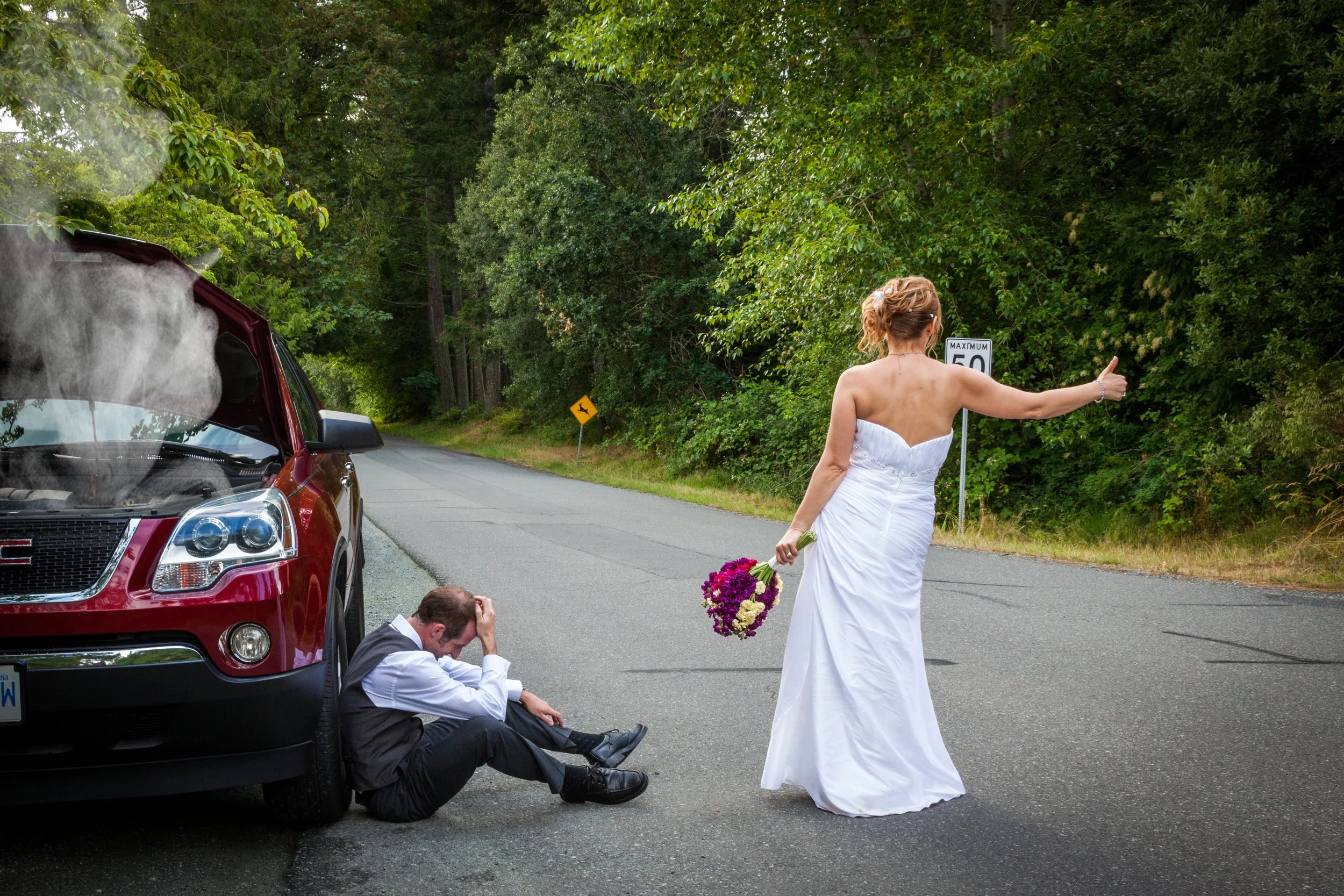 A bride in a white wedding dress stands next to a man seated on the ground on a deserted road, with her thumb up. Another man in a gray suit is sitting on the ground beside a red car, holding his head in distress. The setting is surrounded by greener