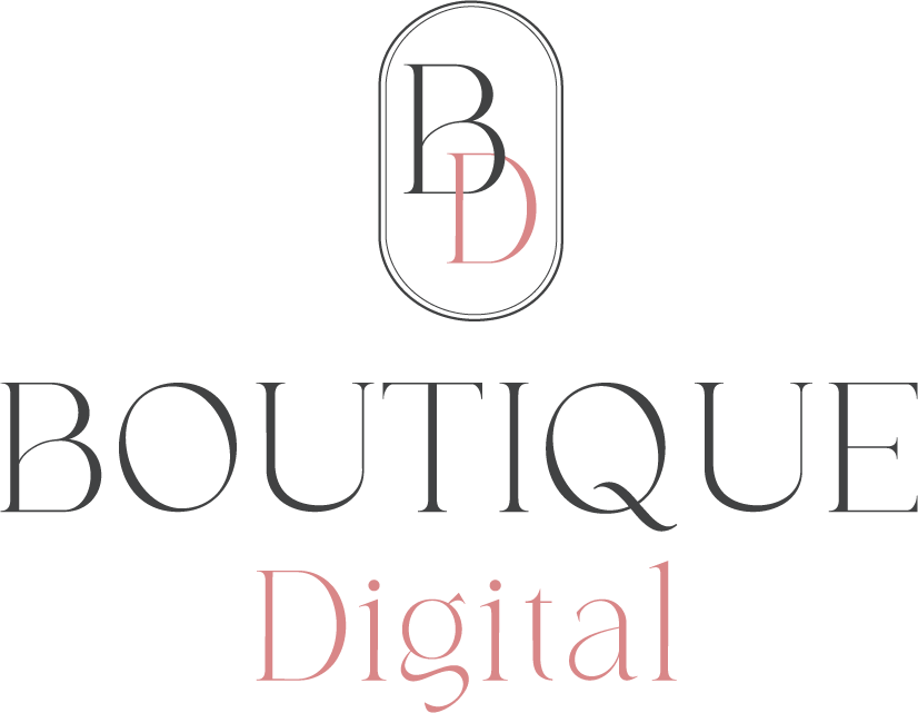Logo for B Boutique Digital featuring black and pink text with an oval outline and initials B and D.
