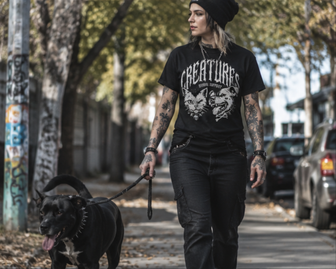 CREATURES supporter with tattoos walking a black dog on a leash down a city sidewalk with parked cars and trees in the background.