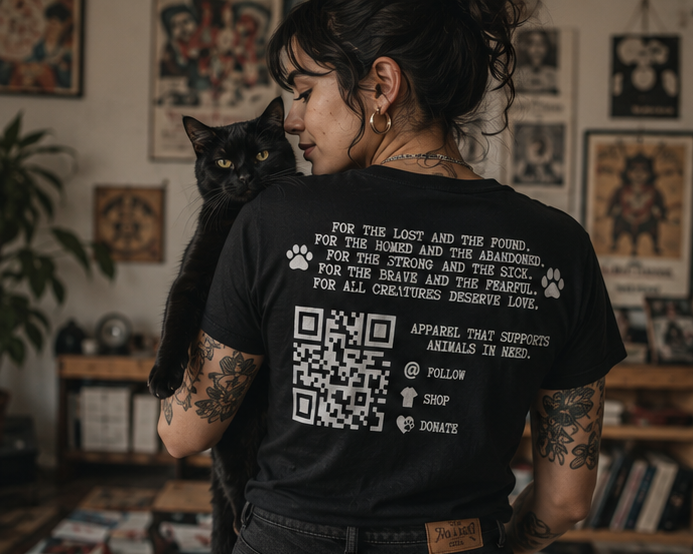 Woman with tattoos holding a black cat indoors, facing away from the camera, with tattooed arms and wearing a black t-shirt with a QR code and message supporting animals.