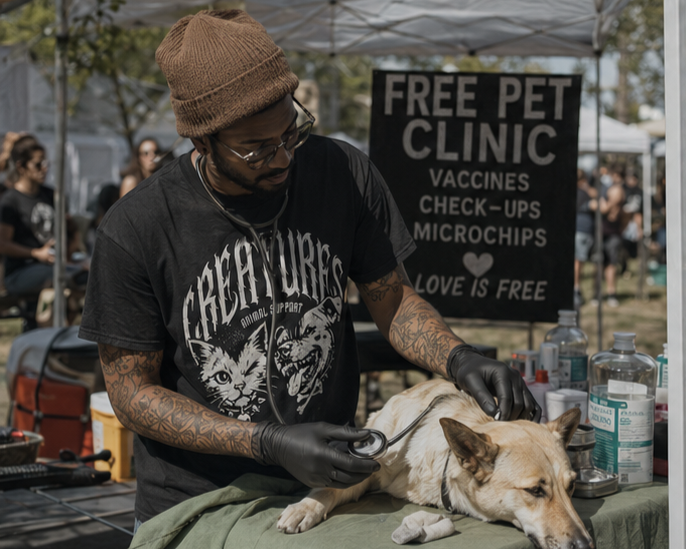 CREATURES supporter in a brown beanie and black gloves gives a vaccination to a small dog lying on a table at a free pet clinic.