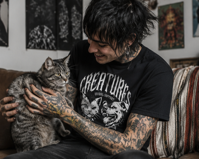 CREATURES supporter with tattoos holding and smiling at a tabby cat inside a living room with artwork on the walls.