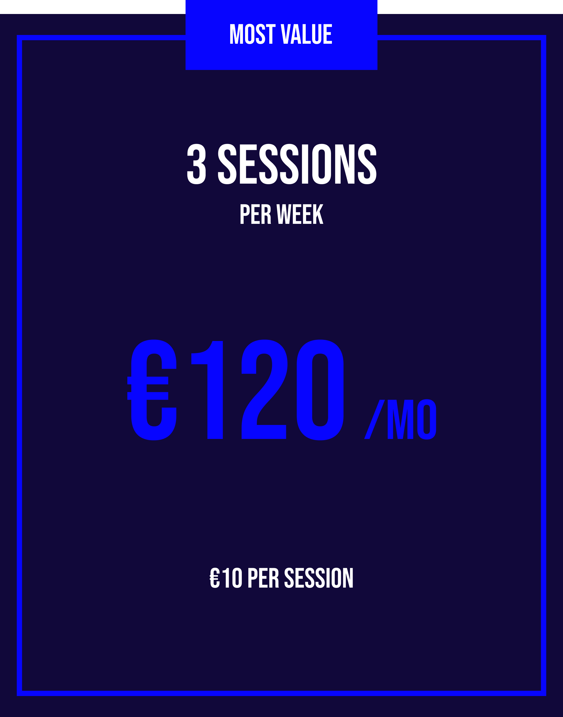 Up to 3 sessions a week, €10 per session, the best rate there is. Guaranteed spots, full flexibility, maximum progress. Every membership starts with a 3-month commitment — the time it actually takes to feel real change. After that, it runs monthly, c