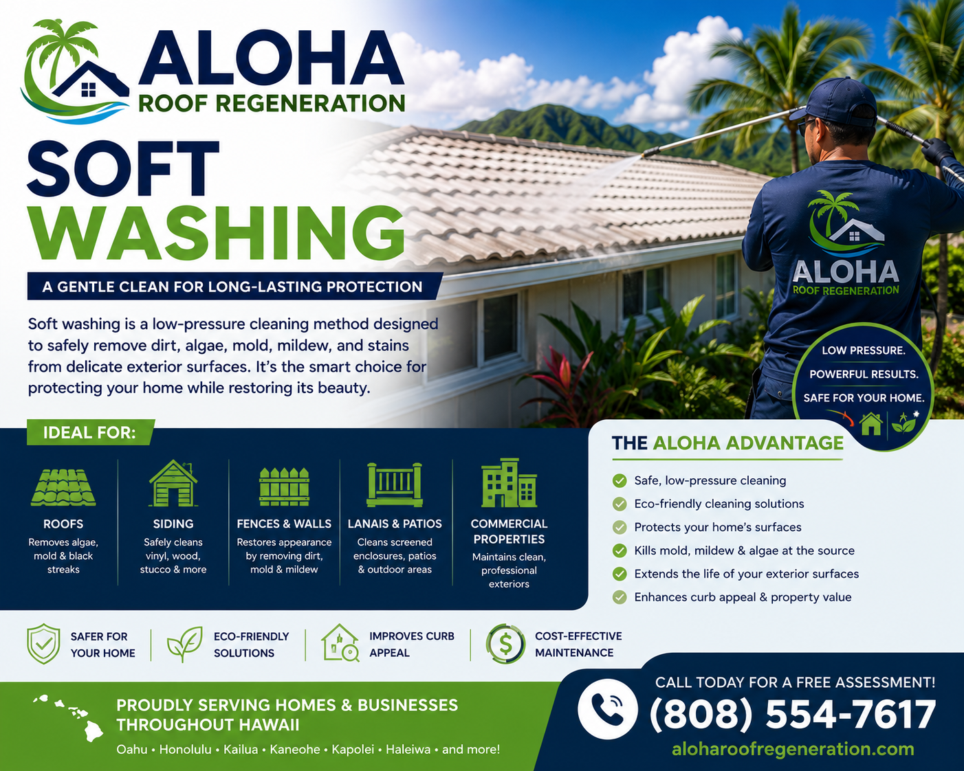 Aloha Roof Regeneration soft washing service on a Hawaii home, safely removing algae, mold, mildew, dirt, and roof stains using a low-pressure cleaning system. Professional soft washing helps extend roof life, improve curb appeal, and protect shingle