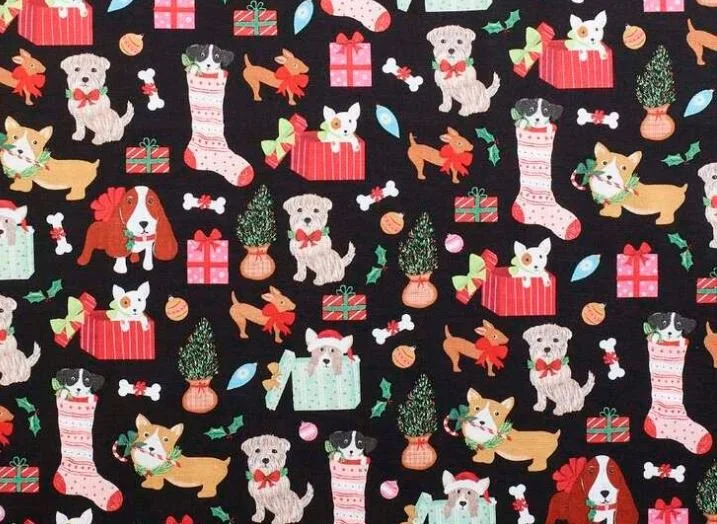 Scrub Top - Size M - Christmas Puppies in Black