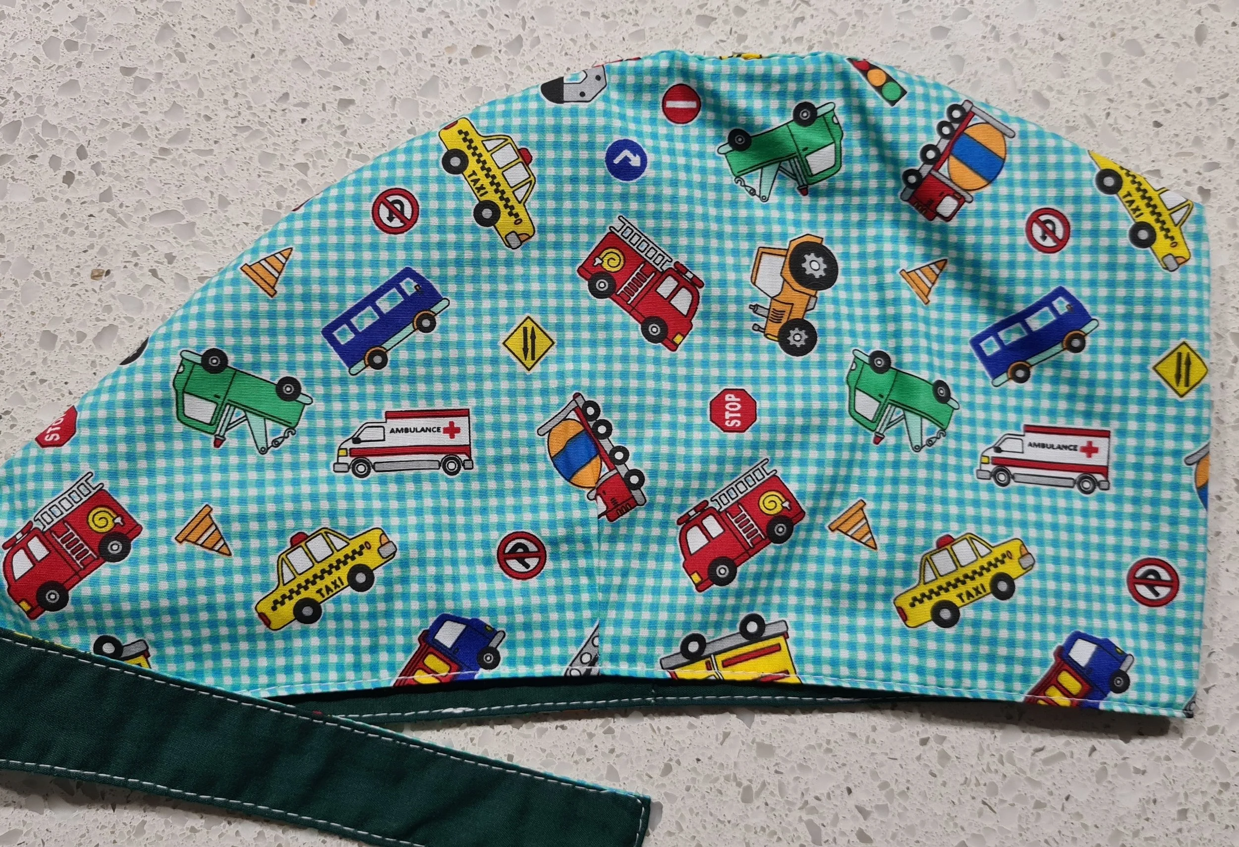 Scrub Cap - Gingham Trucks - Forest Green