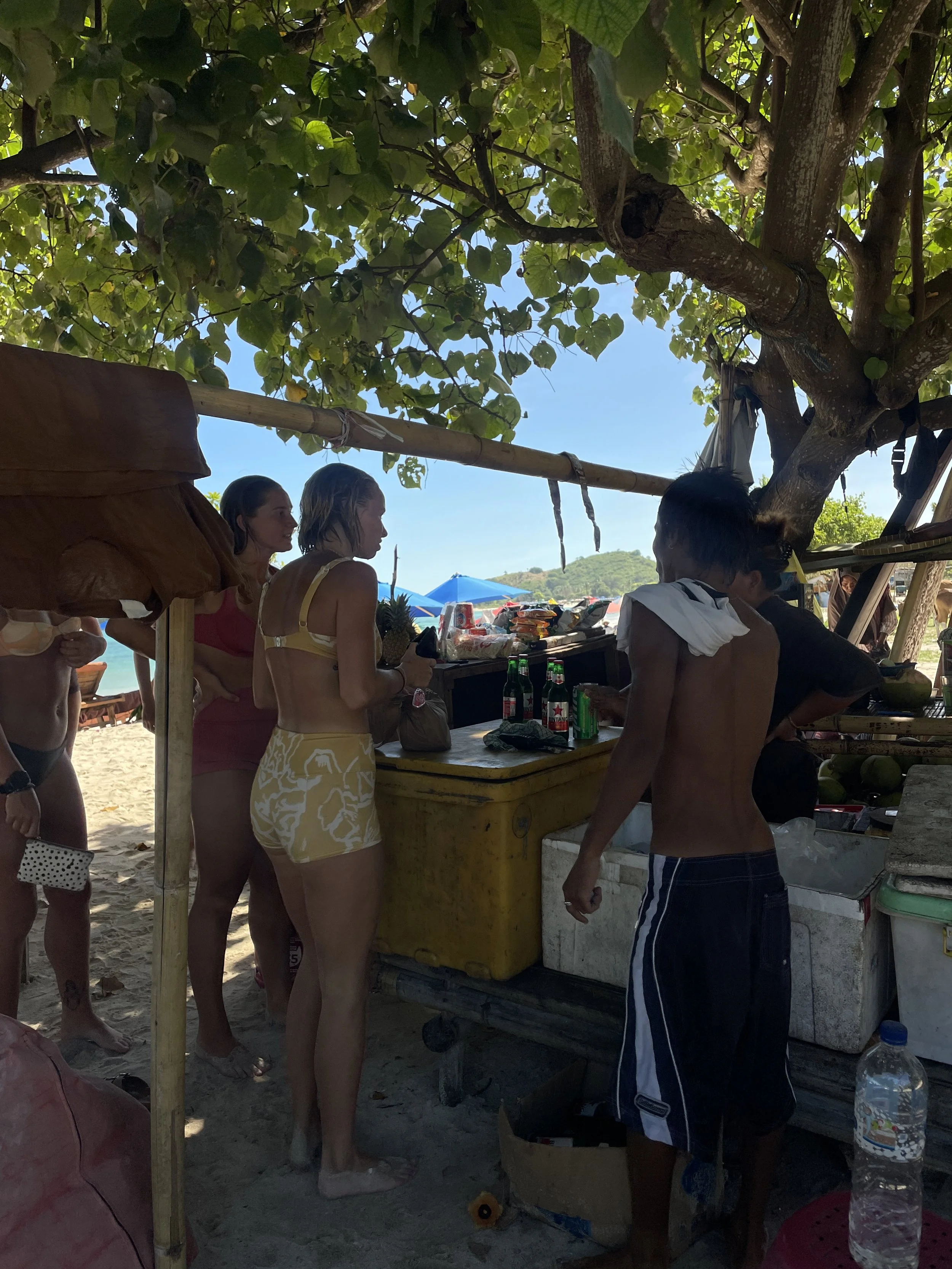 People waiting in line at a beachside food stand under a large tree with green leaves. Some people are in swimsuits, while others are in casual clothing. There are bottles of soda and other food items on the stand, with a background of blue sky and ocean.