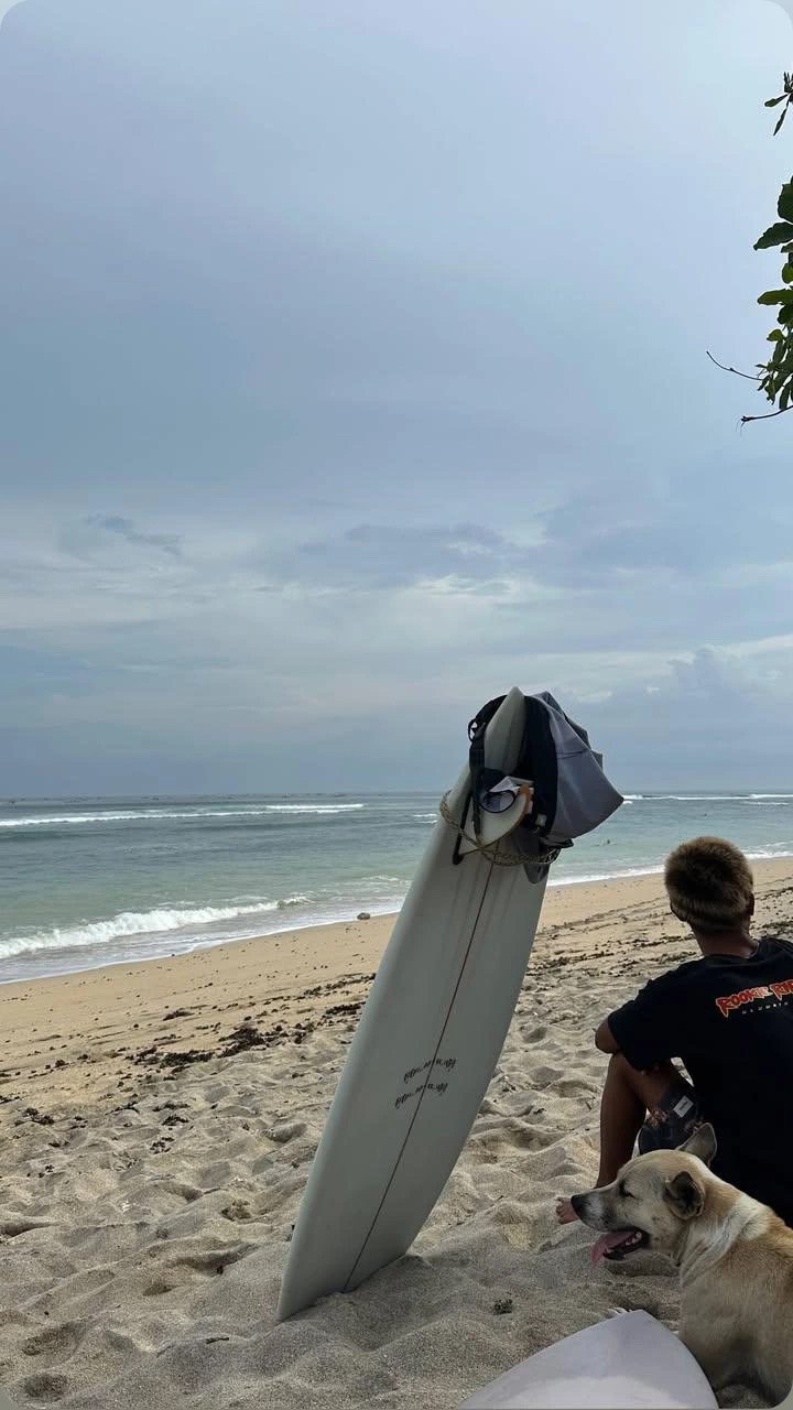 A person and a dog sitting on the beach near a surfboard, with the ocean and cloudy sky in the background.