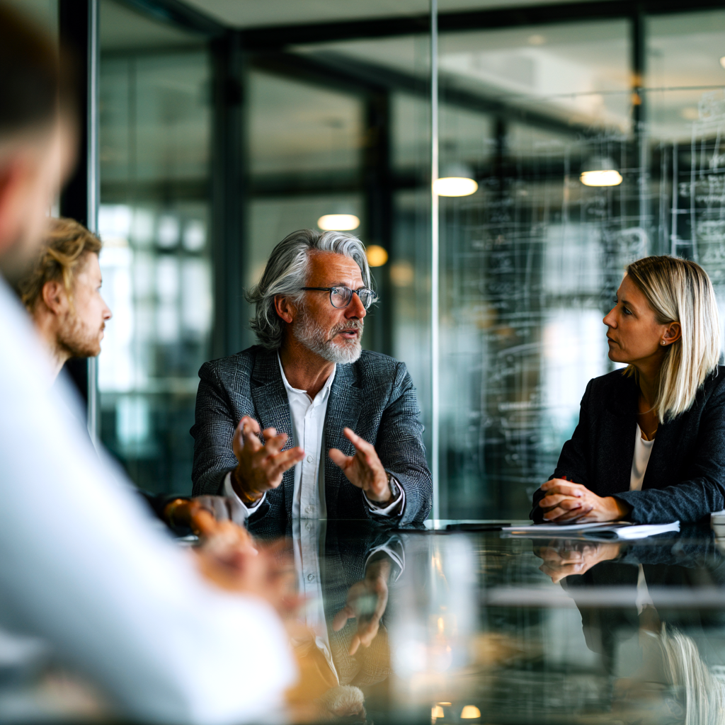 Businesspeople in a meeting discussing at a glass conference table in a modern office.