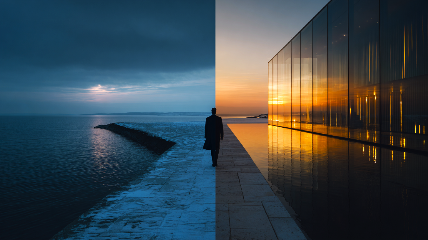 A man walking along a split scene with contrasting environments: icy, dark ocean on the left with stormy skies, and a modern glass building reflecting a colorful sunset on the right.