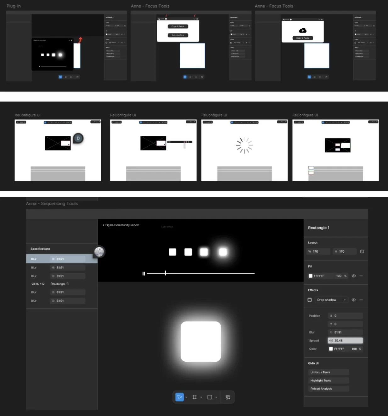 A digital workspace with multiple sections showing graphic design and sequencing tools, including a video player, focus tools, and image editing options on a dark interface.