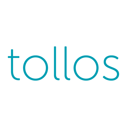 The word 'tollos' written in lowercase blue font on a black background.