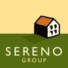 Illustration of a house with a sloped roof and smiling face, above the text 'SERENO GROUP' on a green background.