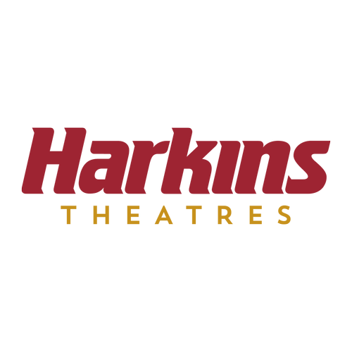 Harkins Theatres logo with black background, maroon and yellow text.