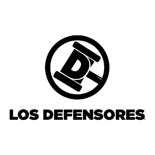 Logo with gavel and the letters B inside a circle, and the text "LOS DEFENSORES" underneath.