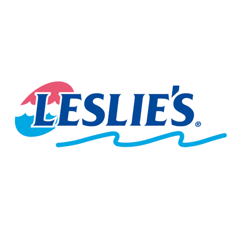 Leslie's logo with pink umbrella, blue waves, and stylized text.