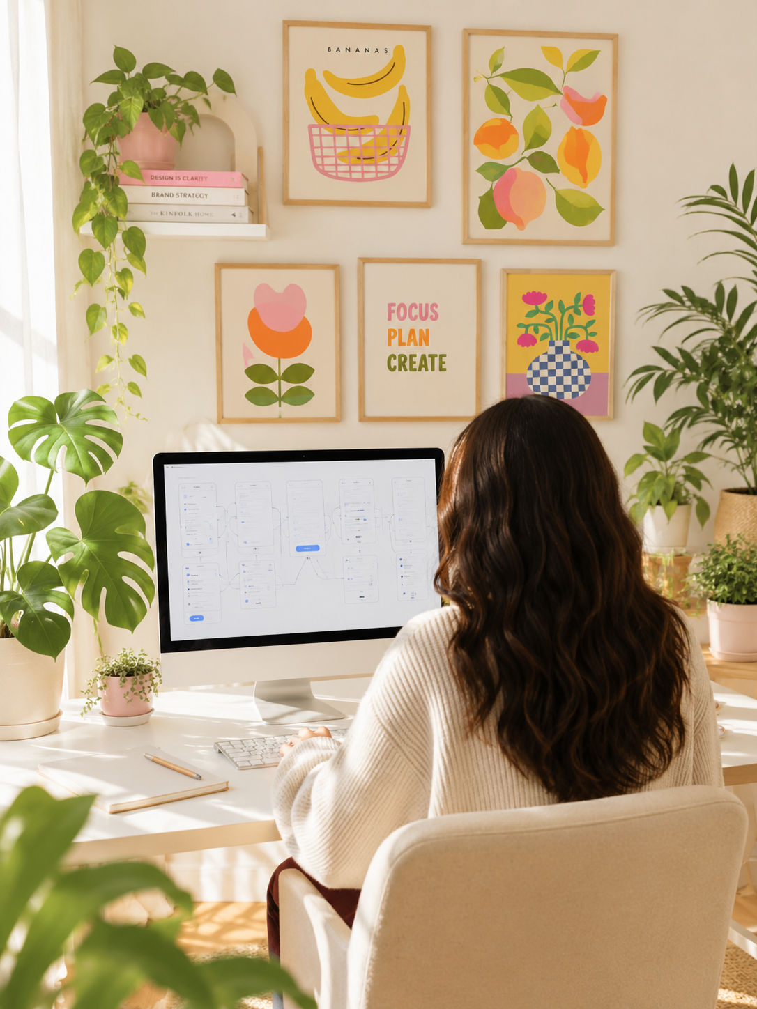 A woman with long brown wavy hair working on a desktop computer in a bright, plant-filled home office. The wall behind her has colorful framed art prints, including bananas, peaches, a flower, and motivational words 'Focus Plan Create'.