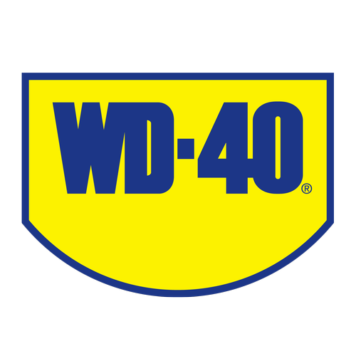 WD-40 logo with yellow background, blue border, and blue text