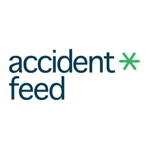 The logo of Accident Feed with the words 'accident feed' in blue text and a green asterisk symbol.