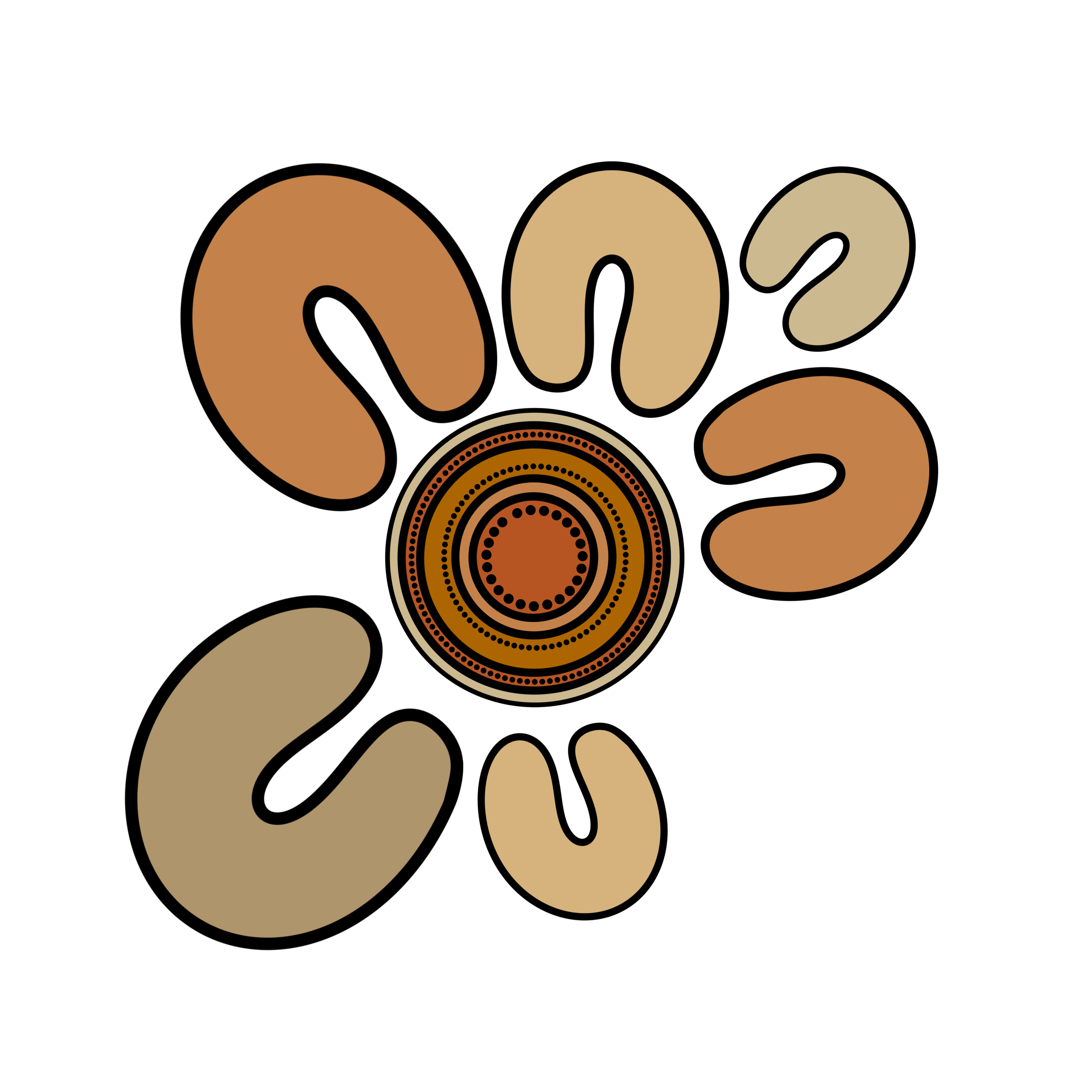 Colorful abstract concentric circle pattern with orange, beige, and black colors.