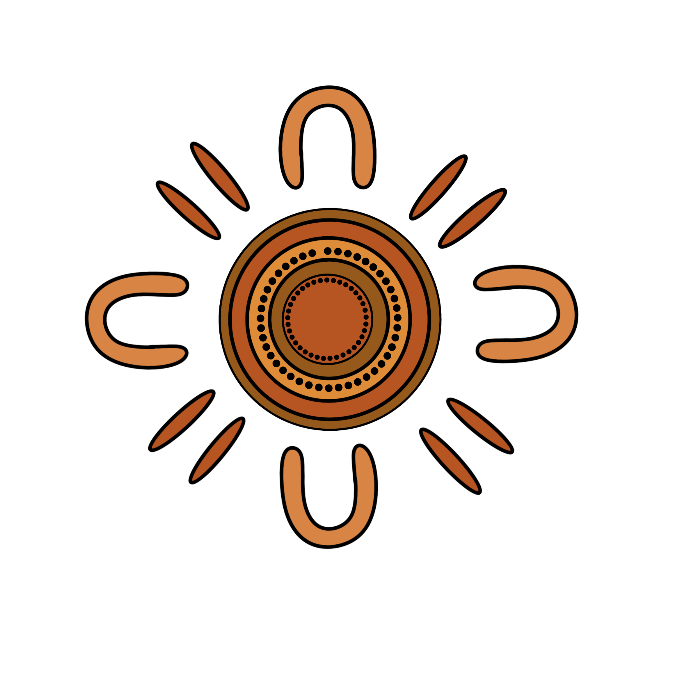 A stylized drawing of a sun with wavy rays and concentric circles in shades of brown, creating a radial pattern.