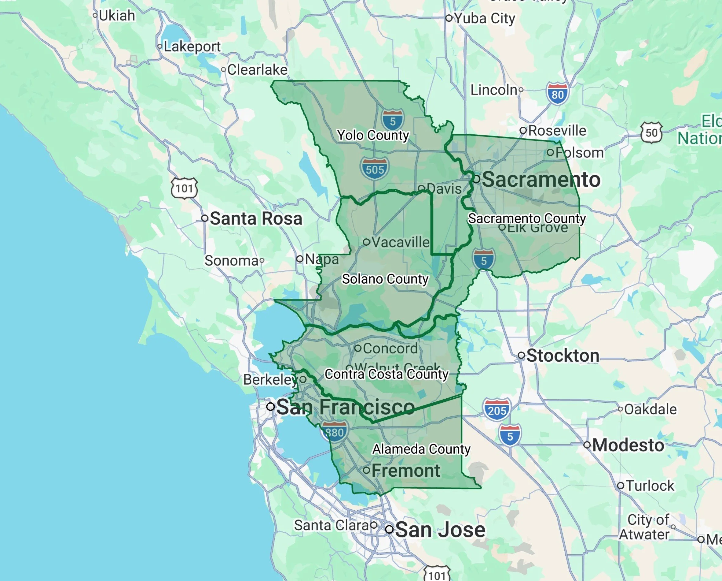 Map of California showing the outline of Yolo County in green and surrounding counties, major cities, highways, and bodies of water.